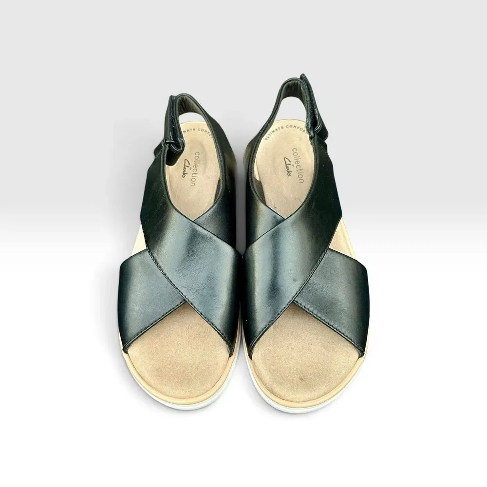 Clarks Collection Womens 7M Black Leather Wedge Sandals Ultimate Comfort